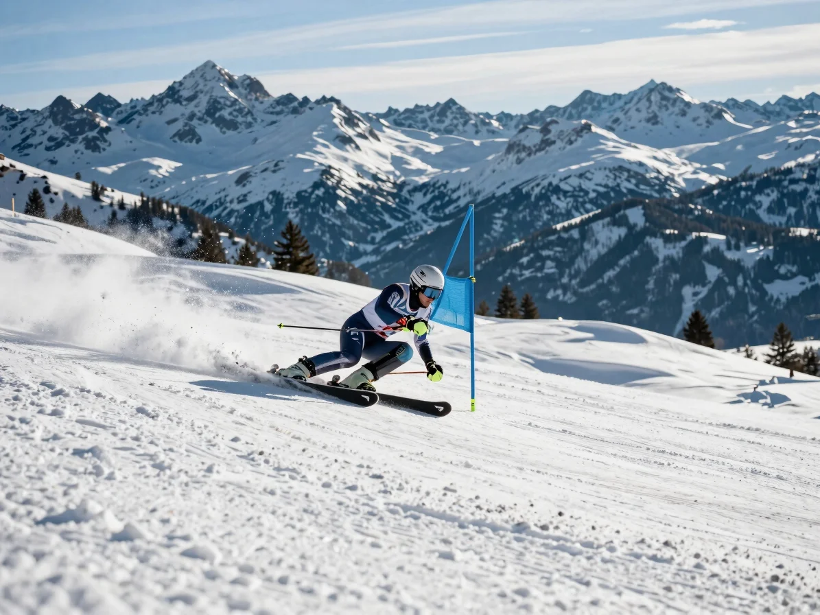 Skier in a tucked racing position carving through a gate on a groomed alpine slope in Alta Badia, bright winter daylight