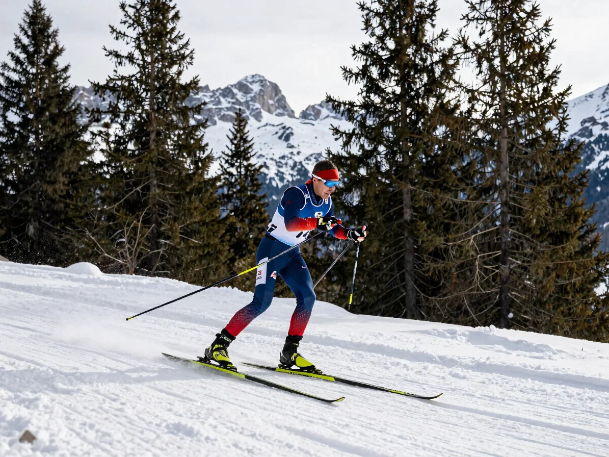 Cross-country skier striding along a snowy track through pine trees, soft overcast light, close action framing, practica