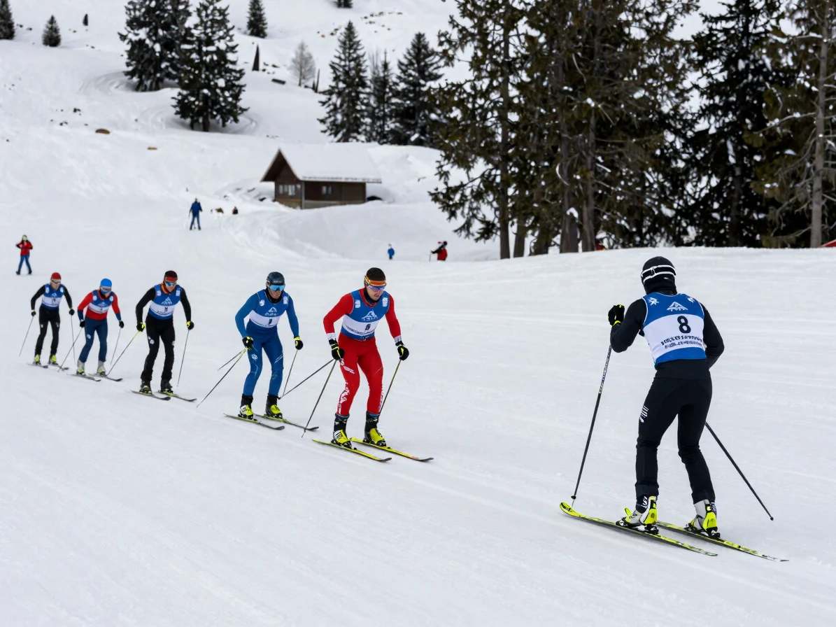 Relay skiers exchanging position at a marked zone on a cross-country track, candid team moment, natural winter daylight,