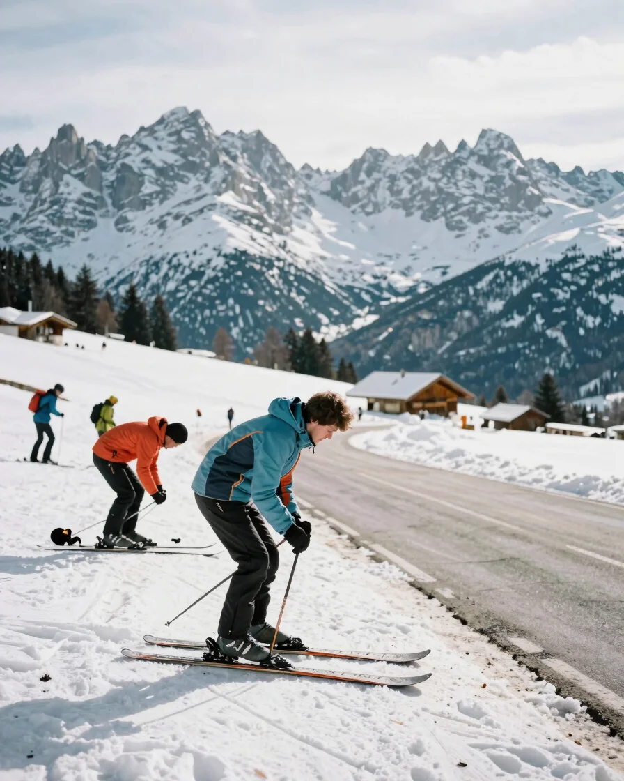 Participants in practical layered ski clothing preparing skis beside a snowy road in the Dolomites, natural winter dayli