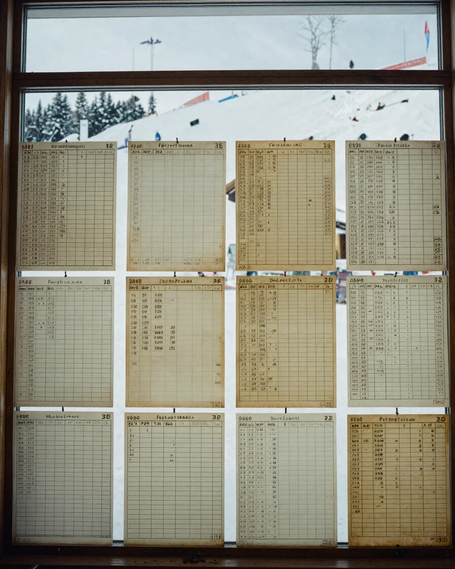 Editorial documentary photograph of archive ski-race result boards and vintage timing sheets in an alpine race office, c
