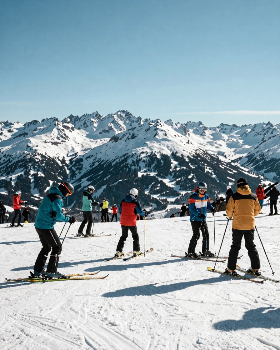 Wide editorial event photograph of skiers preparing on bright pac