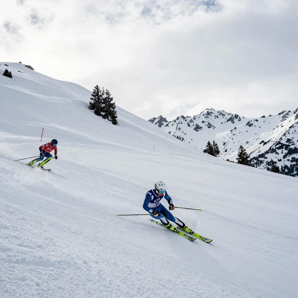 Alpine slalom gates on a steep snowy course in soft overcast daylight, racers in tight ski suits mid-turn, editorial doc
