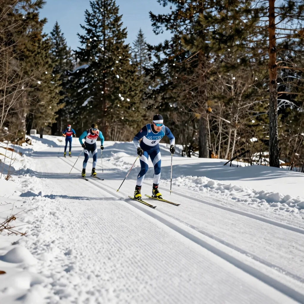 Cross-country skiers on a groomed track through pine trees in bright winter sunlight, close action detail of poles and s