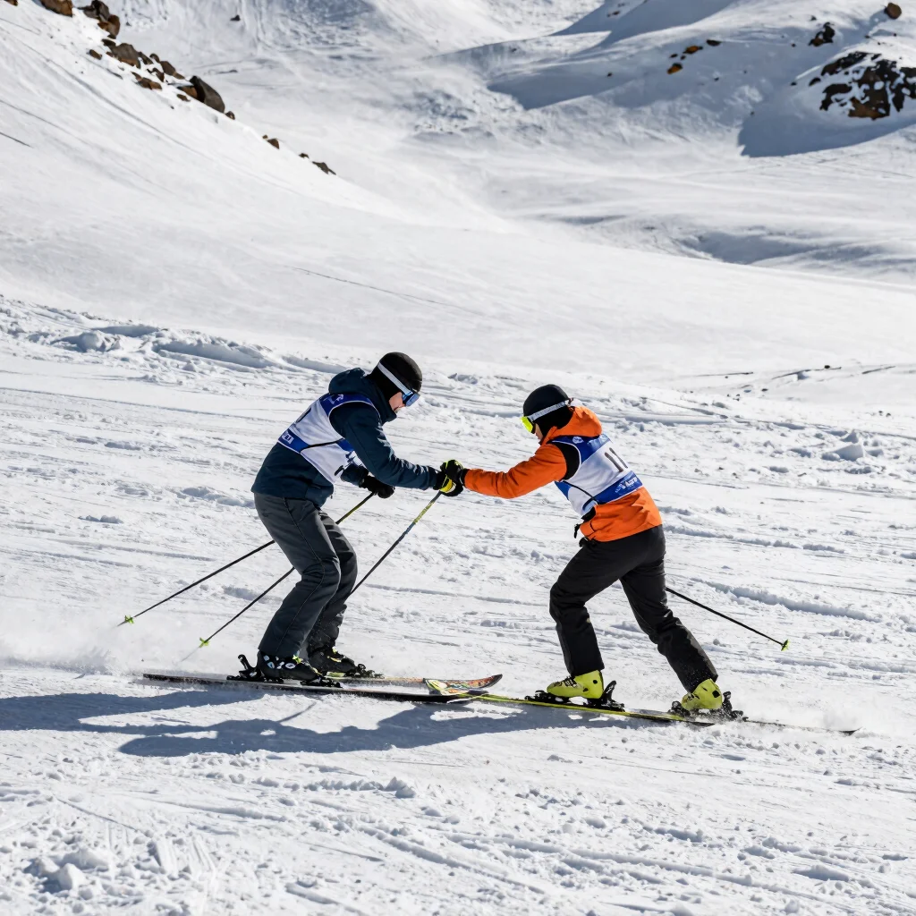 Relay handover at a finish area, one skier tagging a teammate in packed snow under natural daylight, candid documentary