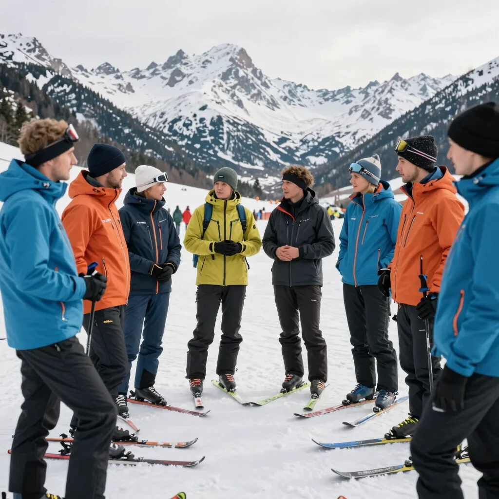 Group of European participants in practical ski clothing standing at the course side, candid conversation, mountain cont