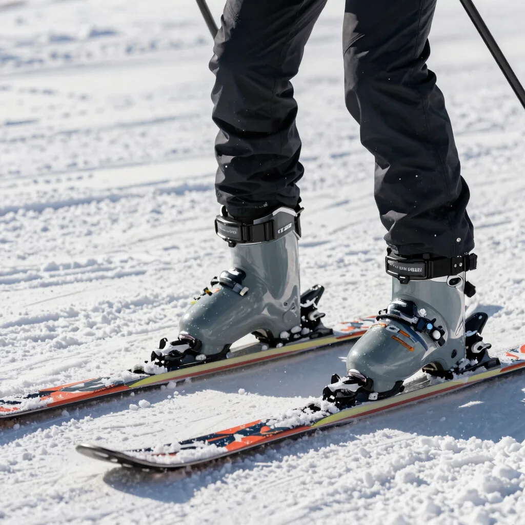 Close detail of ski boots and bindings at the start gate, snow crystals catching daylight, crisp alpine atmosphere