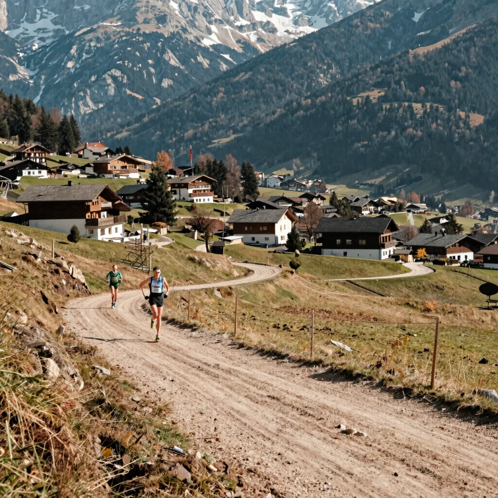 Wide view of a cross-country tracks winding through the Dolomite valley, local alpine buildings in the distance, soft wi